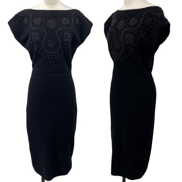 Vintage 60s Gene Shelly Floral Beaded Wool Midi Sheath Dress Black Womens 6 - Picture 1 of 12